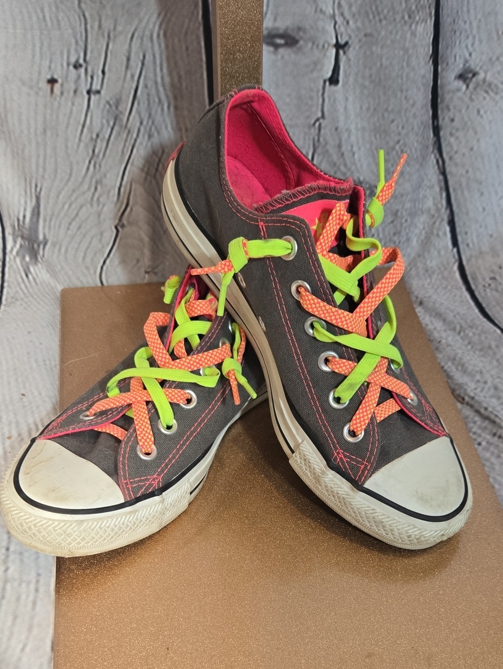 Converse Low-Top Canvas Sneakers in Charcoal with Neon Pink & Neon Lime